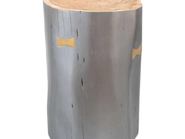 22" Gray Wood and Solid Wood Round Drum End Table