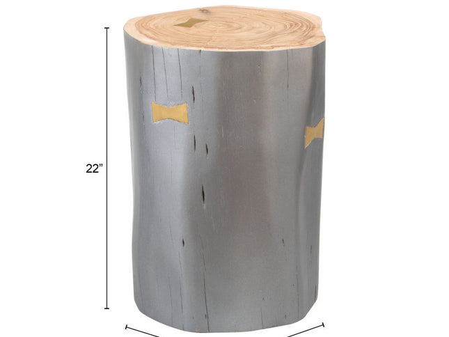 22" Gray Wood and Solid Wood Round Drum End Table