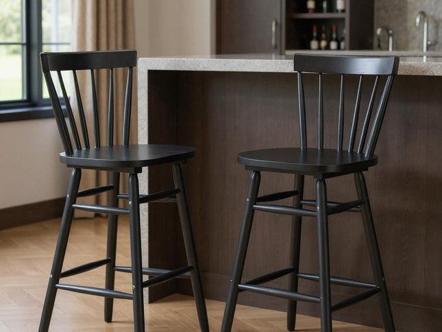 Set of Two Black Solid Wood Low Back Bar Chairs