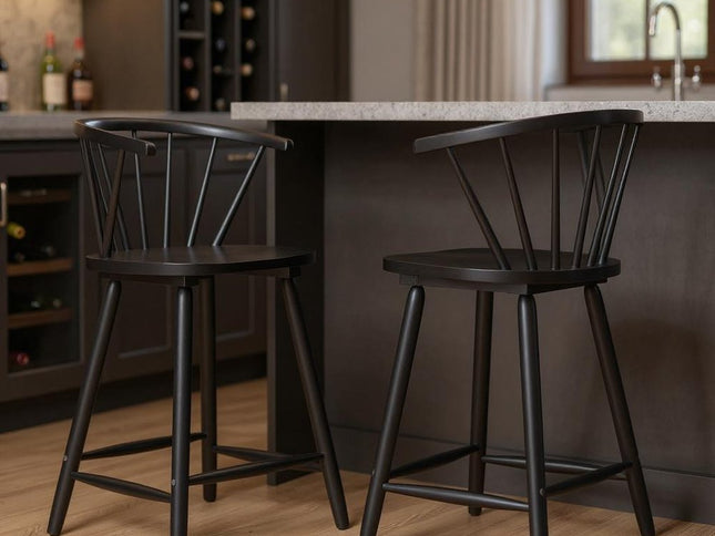 Set of Two Black Solid Wood Low Back Bar Chairs