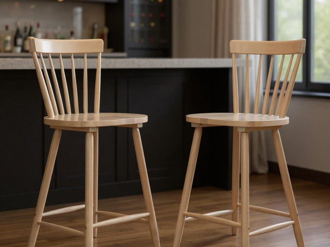 Set of Two Natural Solid Wood Low Back Bar Chairs