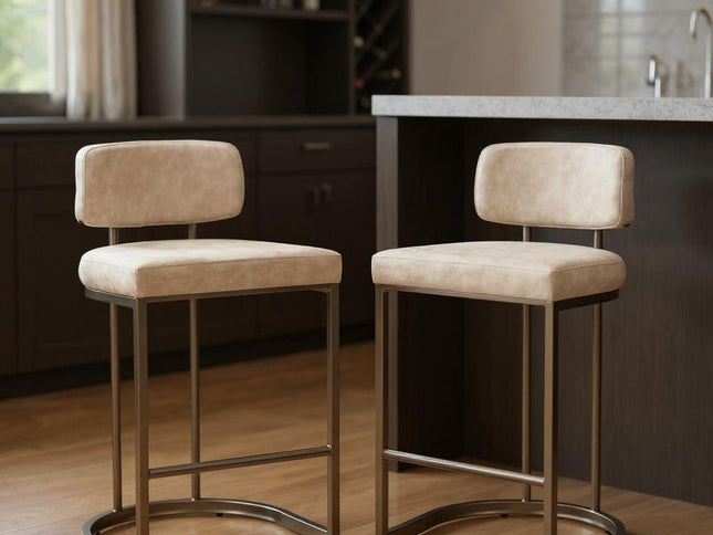 Set of Two Beige Wood and Fabric Low Back Bar Chairs