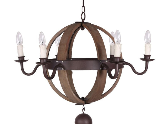 Brown And Black Wood and Metal Sphere Six Light Dimmable Chandelier