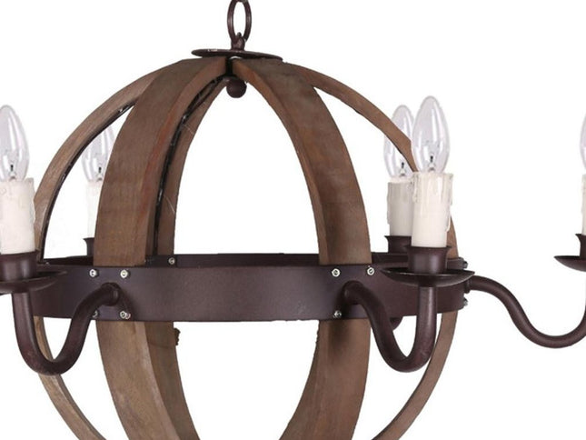 Brown And Black Wood and Metal Sphere Six Light Dimmable Chandelier