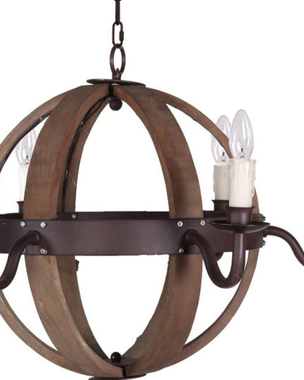 Brown And Black Wood and Metal Sphere Six Light Dimmable Chandelier
