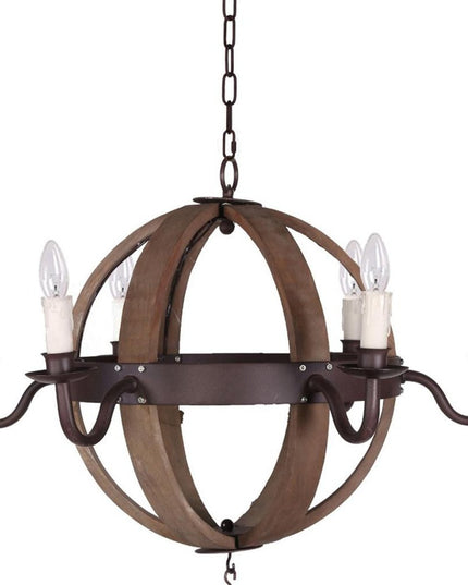 Brown And Black Wood and Metal Sphere Six Light Dimmable Chandelier