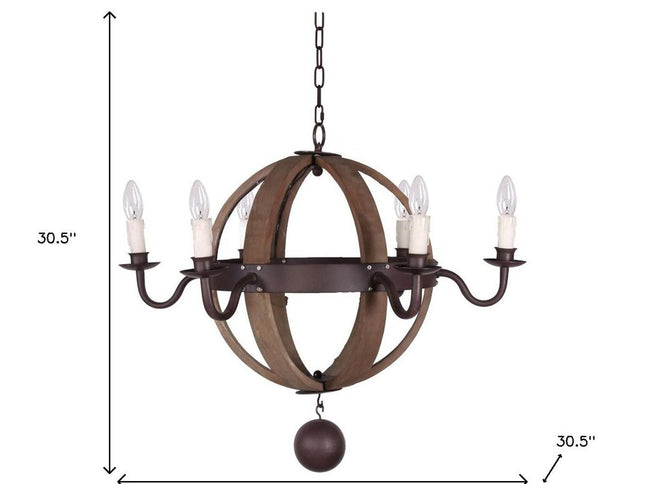 Brown And Black Wood and Metal Sphere Six Light Dimmable Chandelier
