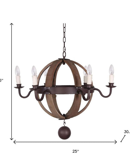 Brown And Black Wood and Metal Sphere Six Light Dimmable Chandelier