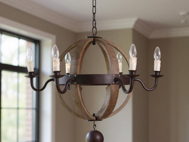 Brown And Black Wood and Metal Sphere Six Light Dimmable Chandelier