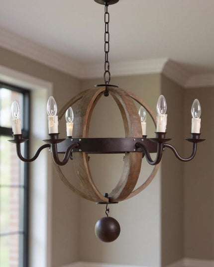 Brown And Black Wood and Metal Sphere Six Light Dimmable Chandelier
