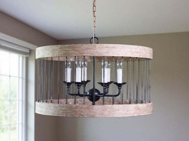 Black And Natural Wood and Metal Cylinder Six Light Dimmable Chandelier