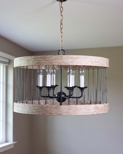 Black And Natural Wood and Metal Cylinder Six Light Dimmable Chandelier