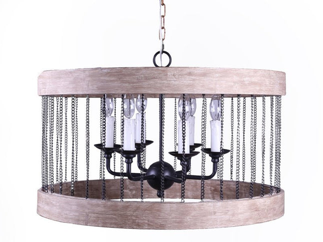 Black And Natural Wood and Metal Cylinder Six Light Dimmable Chandelier