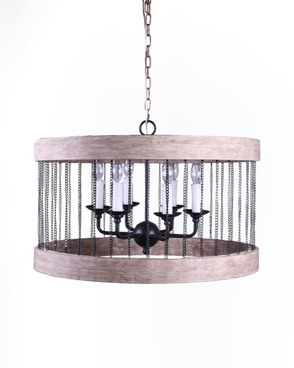 Black And Natural Wood and Metal Cylinder Six Light Dimmable Chandelier