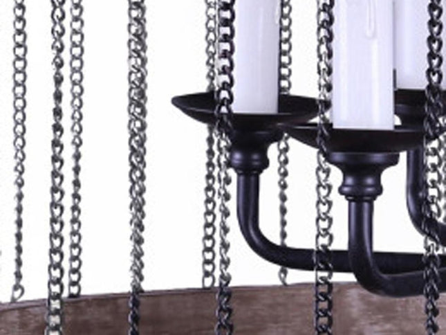 Black And Natural Wood and Metal Cylinder Six Light Dimmable Chandelier