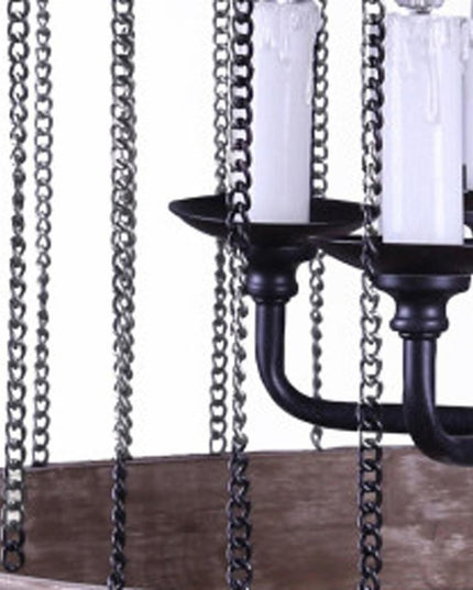 Black And Natural Wood and Metal Cylinder Six Light Dimmable Chandelier