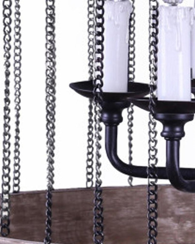 Black And Natural Wood and Metal Cylinder Six Light Dimmable Chandelier