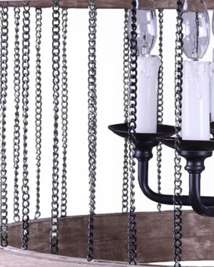 Black And Natural Wood and Metal Cylinder Six Light Dimmable Chandelier