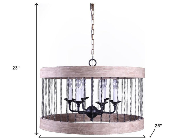 Black And Natural Wood and Metal Cylinder Six Light Dimmable Chandelier