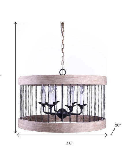 Black And Natural Wood and Metal Cylinder Six Light Dimmable Chandelier