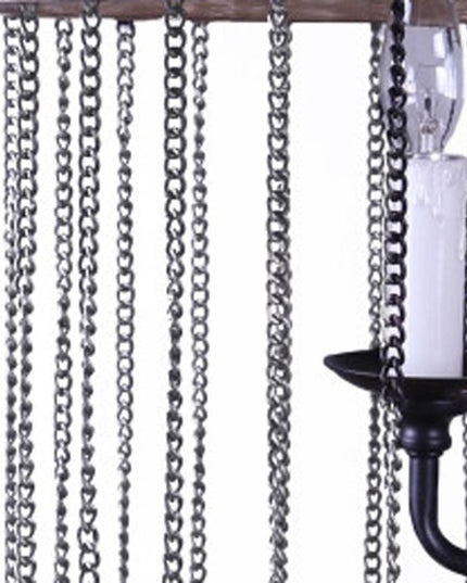 Black And Natural Wood and Metal Cylinder Six Light Dimmable Chandelier