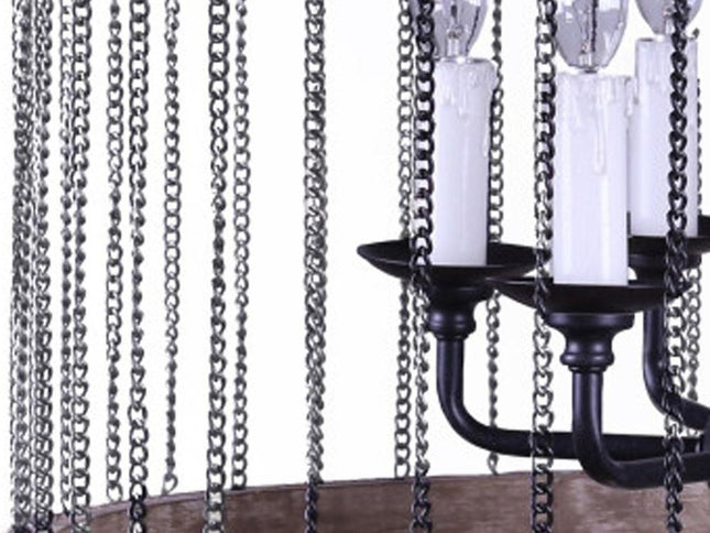 Black And Natural Wood and Metal Cylinder Six Light Dimmable Chandelier