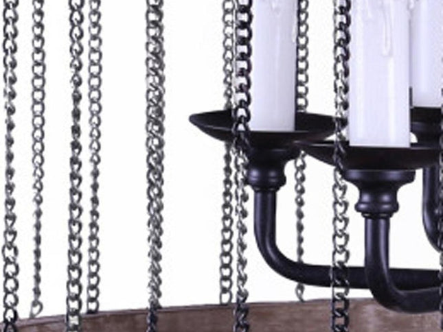 Black And Natural Wood and Metal Cylinder Six Light Dimmable Chandelier