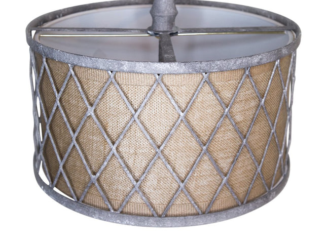 Gray Drum Distressed Galvanized Metal Dimmable Chandelier With Natural Shade