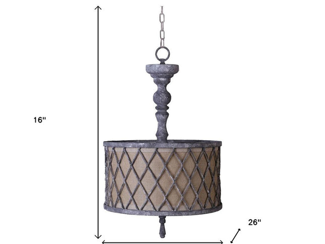 Gray Drum Distressed Galvanized Metal Dimmable Chandelier With Natural Shade