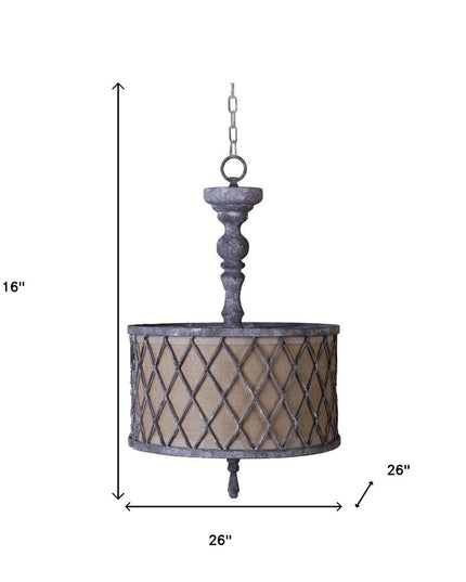 Gray Drum Distressed Galvanized Metal Dimmable Chandelier With Natural Shade