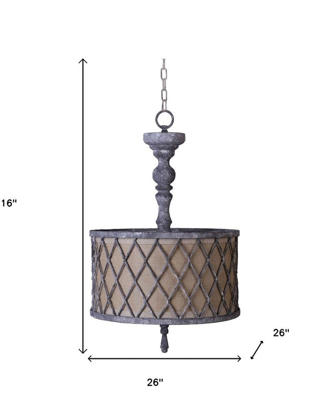 Gray Drum Distressed Galvanized Metal Dimmable Chandelier With Natural Shade