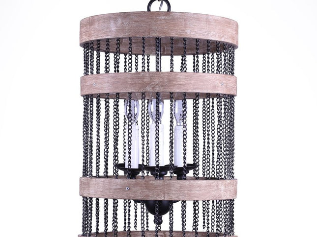 Black And Natural Wood and Metal Cylinder Three Light Dimmable Chandelier