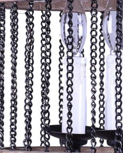 Black And Natural Wood and Metal Cylinder Three Light Dimmable Chandelier