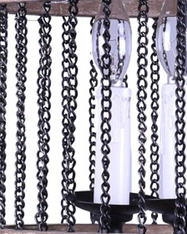 Black And Natural Wood and Metal Cylinder Three Light Dimmable Chandelier