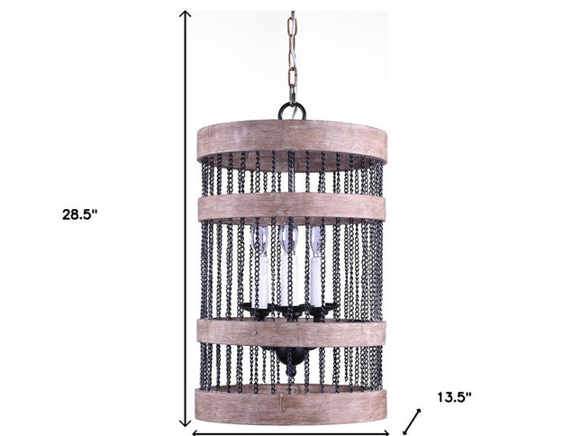 Black And Natural Wood and Metal Cylinder Three Light Dimmable Chandelier