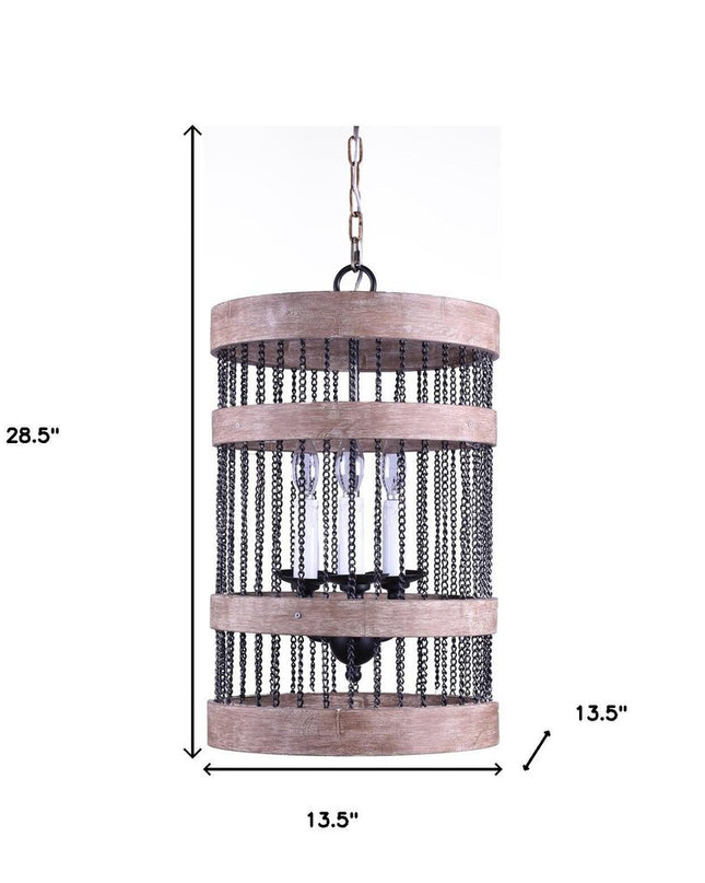Black And Natural Wood and Metal Cylinder Three Light Dimmable Chandelier