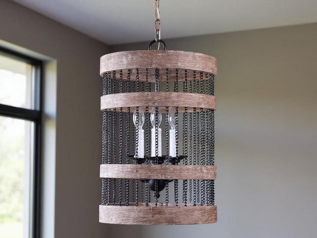 Black And Natural Wood and Metal Cylinder Three Light Dimmable Chandelier