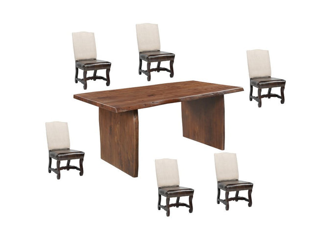 Seven Piece Brown Solid Wood Dining Set with Six Chairs