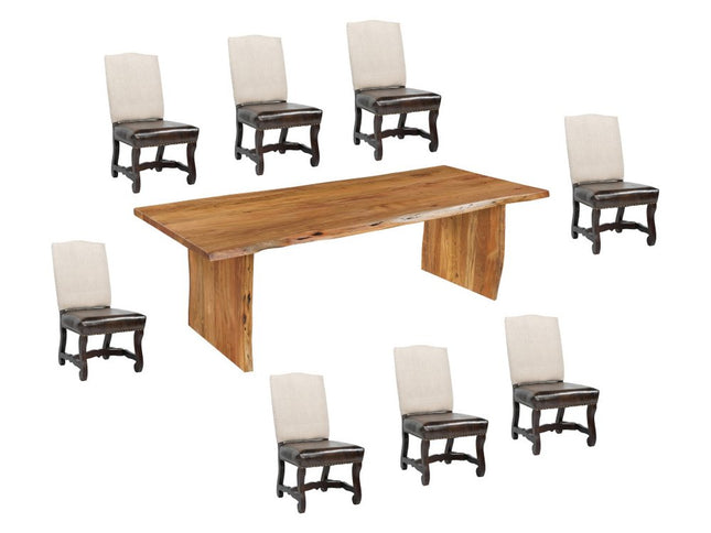 Nine Piece Brown Solid Wood Dining Set with Eight Chairs