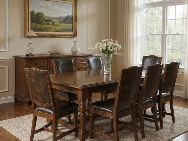 Nine Piece Brown Solid Wood Dining Set with Eight Chairs