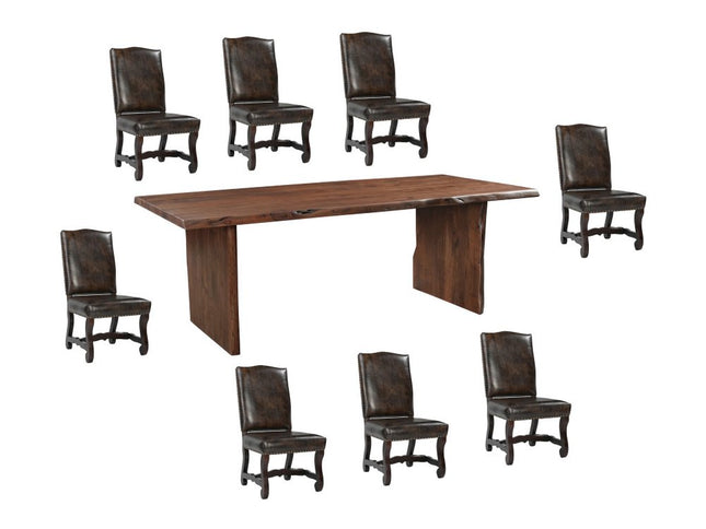 Nine Piece Brown Solid Wood Dining Set with Eight Chairs