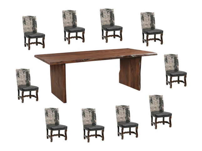 11 Piece Brown Solid Wood Dining Set with 10