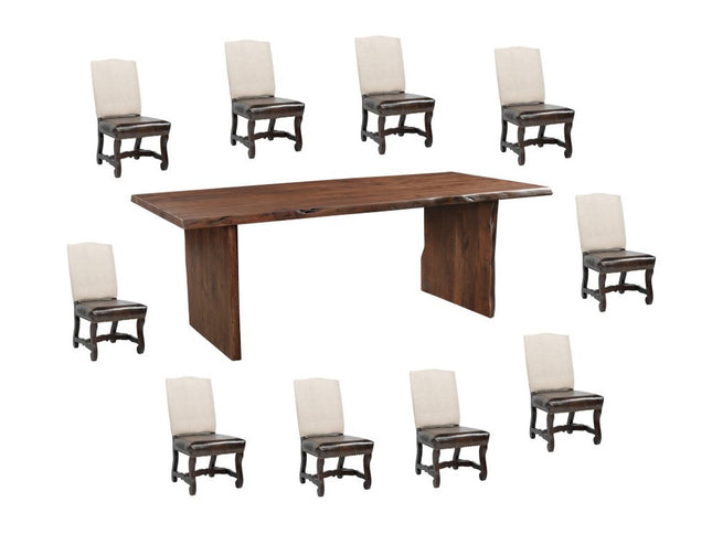 11 Piece Brown Solid Wood Dining Set with 10