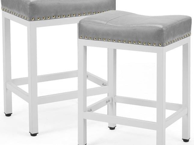 Set of Two 22" Gray and Off White Upholstered and Heavy Duty Plastic Backless Bar Chairs