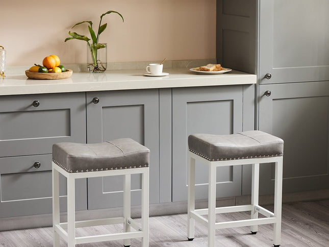 Set of Two 22" Gray and Off White Upholstered and Heavy Duty Plastic Backless Bar Chairs