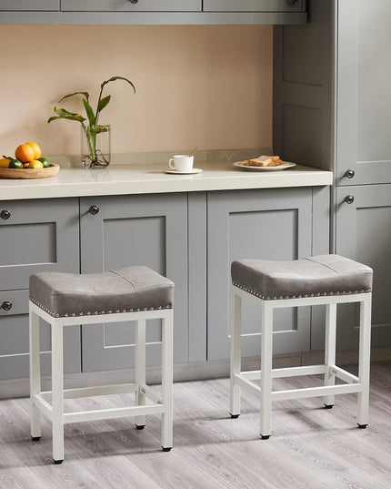 Set of Two 22" Gray and Off White Upholstered and Heavy Duty Plastic Backless Bar Chairs