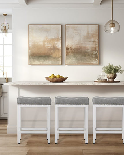 Set of Two 22" Gray and Off White Upholstered and Heavy Duty Plastic Backless Bar Chairs