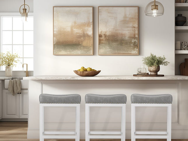 Set of Two 22" Gray and Off White Upholstered and Heavy Duty Plastic Backless Bar Chairs