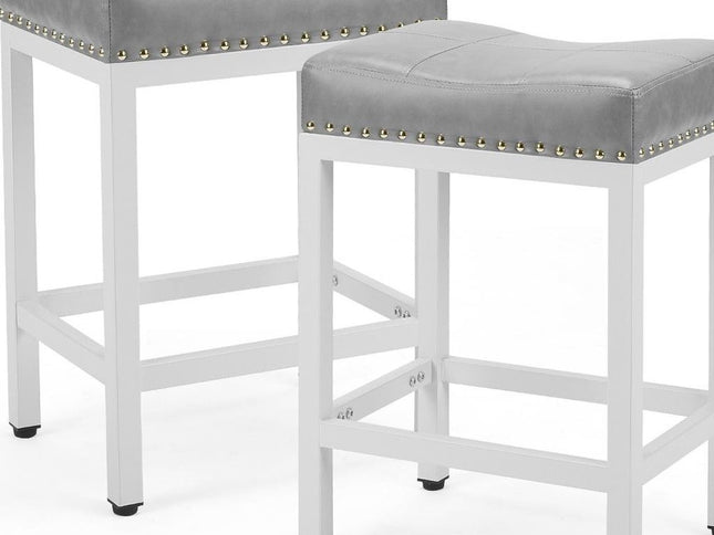 Set of Two 22" Gray and Off White Upholstered and Heavy Duty Plastic Backless Bar Chairs