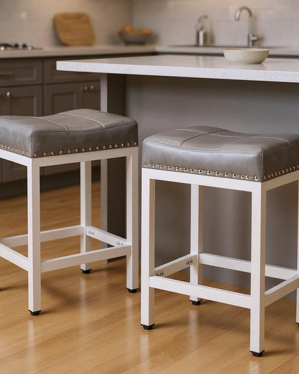 Set of Two 22" Gray and Off White Upholstered and Heavy Duty Plastic Backless Bar Chairs